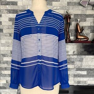New York & Company Womens S  Blue White Striped Roll Tab Pocket Top Shirt